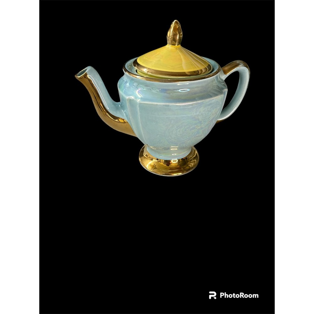 CG USA Warranted 22K Blue and Gold Ceramic Teapot w/YelIow Iridescent Finish Lid
